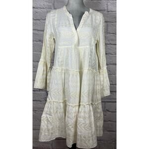 Elan Semi Sheer Gold Threaded Aztec Pattern Ruffled Tunic Dress